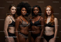 Diverse Women United in Elegant Lingerie Against Dark Backdrop