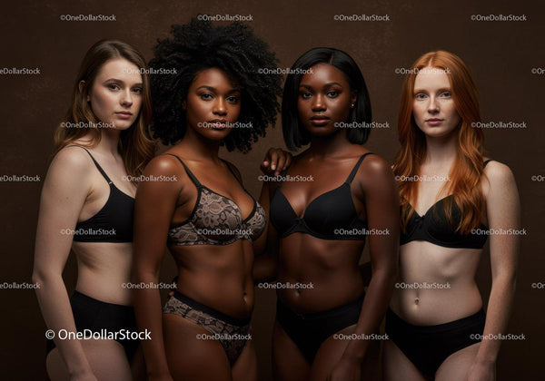 Diverse Women United in Elegant Lingerie Against Dark Backdrop