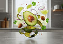 Floating Ingredients for Fresh Guacamole in Modern Kitchen