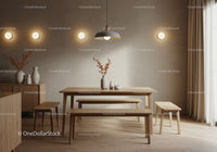 Minimalist Wooden Dining Area with Warm Ambient Lighting