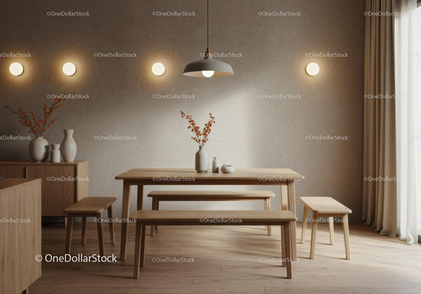 Minimalist Wooden Dining Area with Warm Ambient Lighting