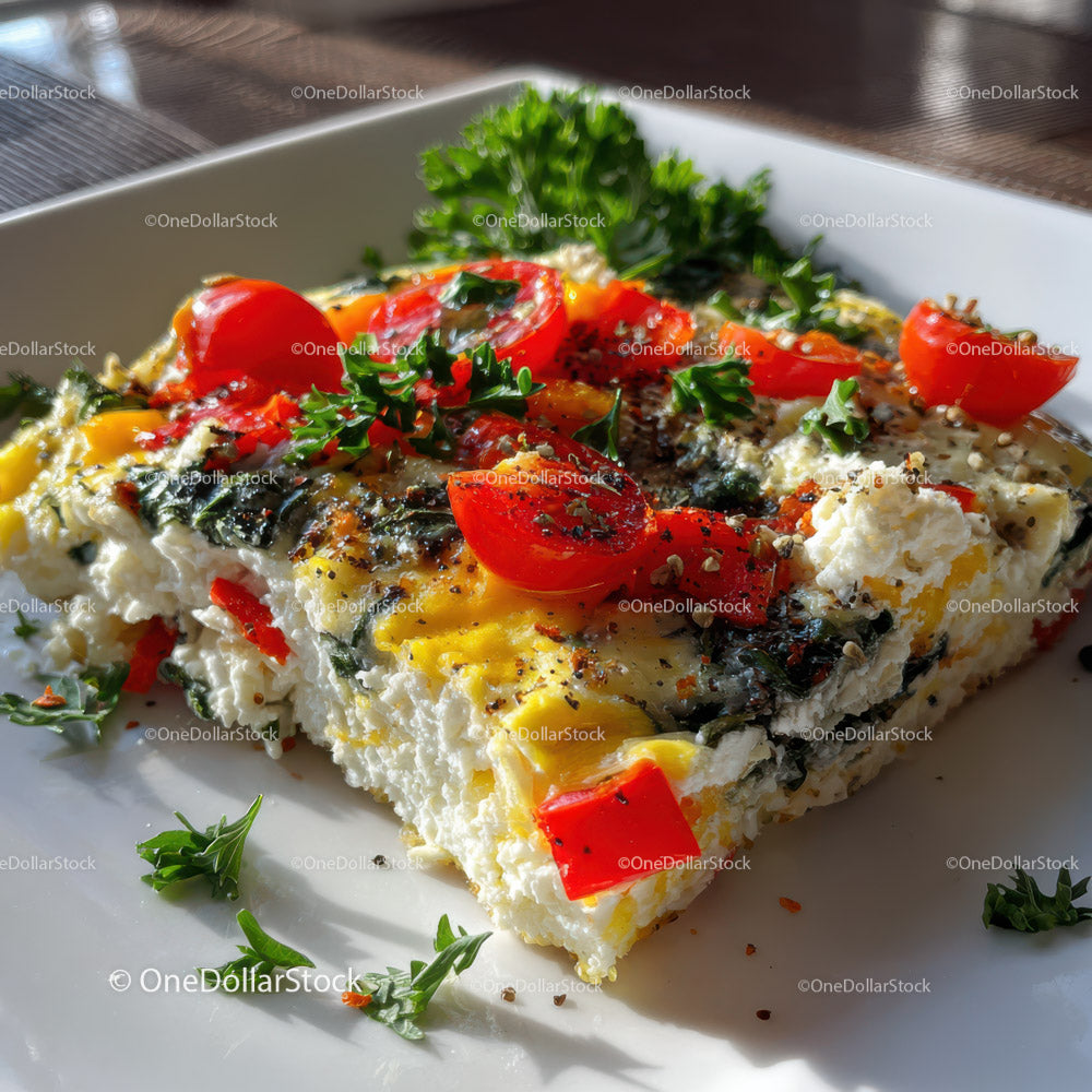 Frittata warzywna z pomidorkami koktajlowymi i ziołami na białym talerzu