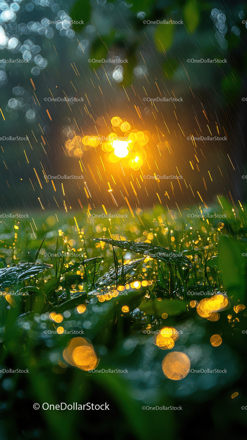 Rainy Weather with Sunlight Filtering Through Green Foliage