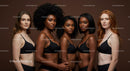 Diverse women confidently pose in black lingerie set