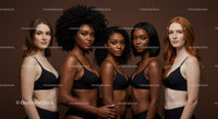 Diverse women confidently pose in black lingerie set