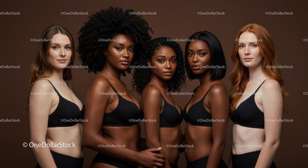 Diverse women confidently pose in black lingerie set