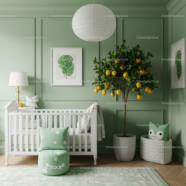 Beautiful Green Nursery with Lemon Tree and White Crib in Modern Baby Room