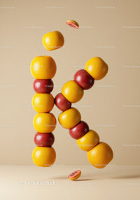 Letter K made of floating citrus fruits on beige background