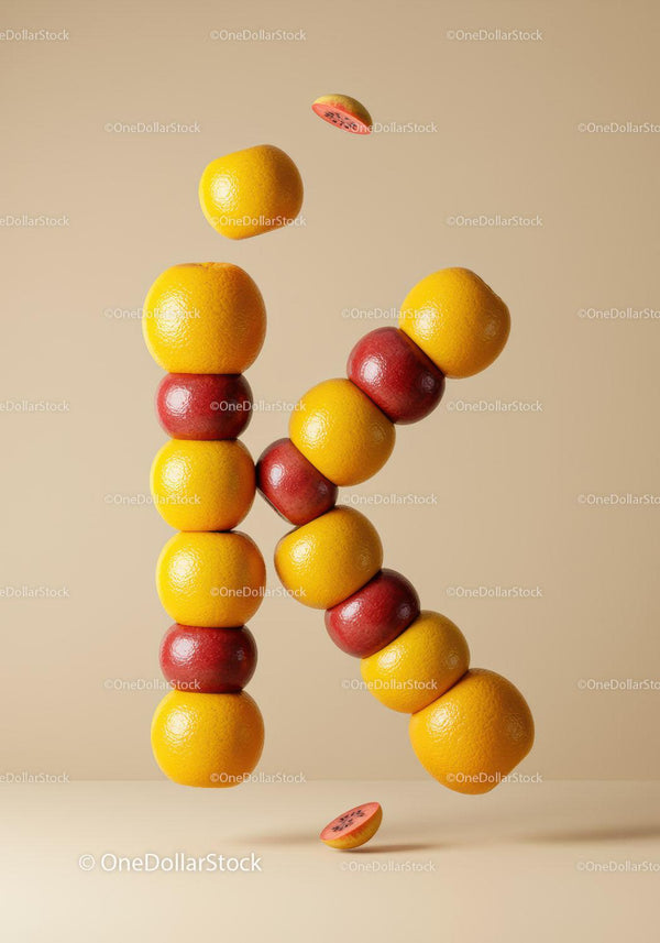 Letter K made of floating citrus fruits on beige background