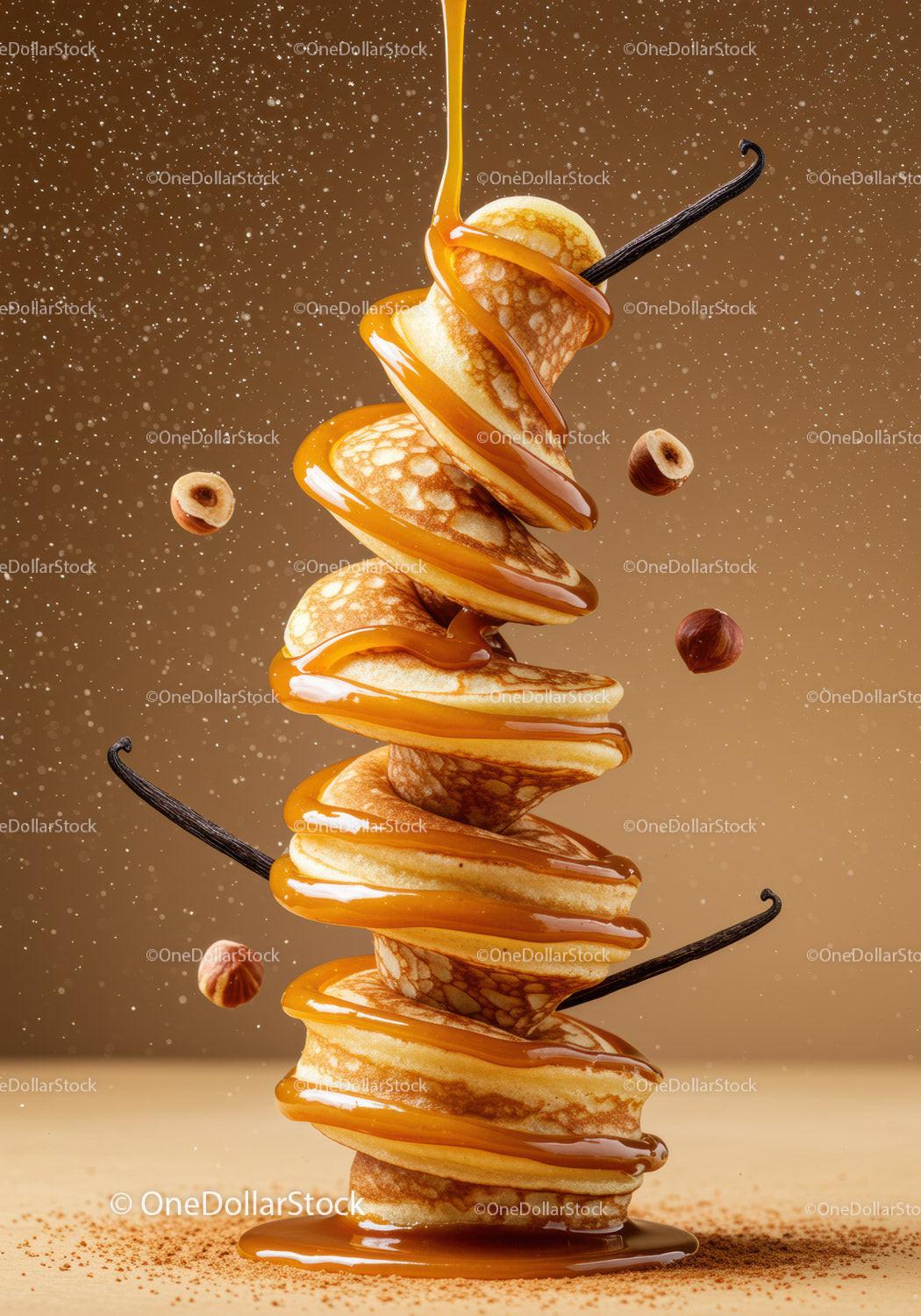 Stack of fluffy pancakes with vanilla and caramel drizzle