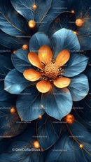 Elegant Blue Leaves with Bright Orange Flower and Gold Accents