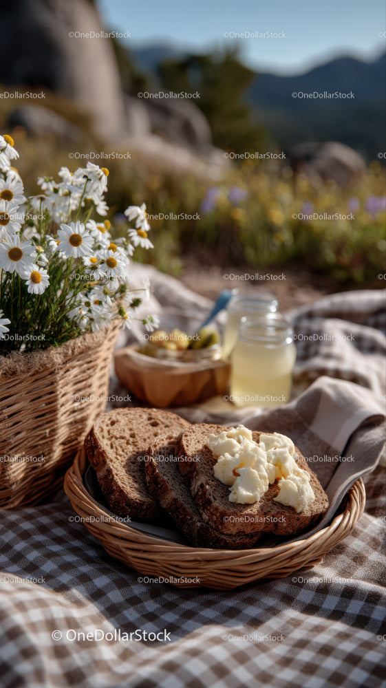 Rustic Picnic with Bread Daisy Flowers and Cheeses in Nature
