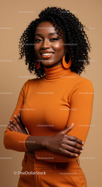 Vibrant Confident Woman with Curly Hair Wearing Orange Turtleneck