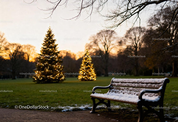 Snow-covered bench in park with illuminated Christmas trees