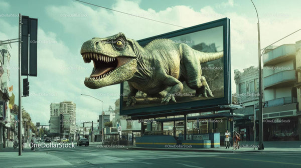 Duży billboard z dinozaurem na nowoczesnej ulicy miasta