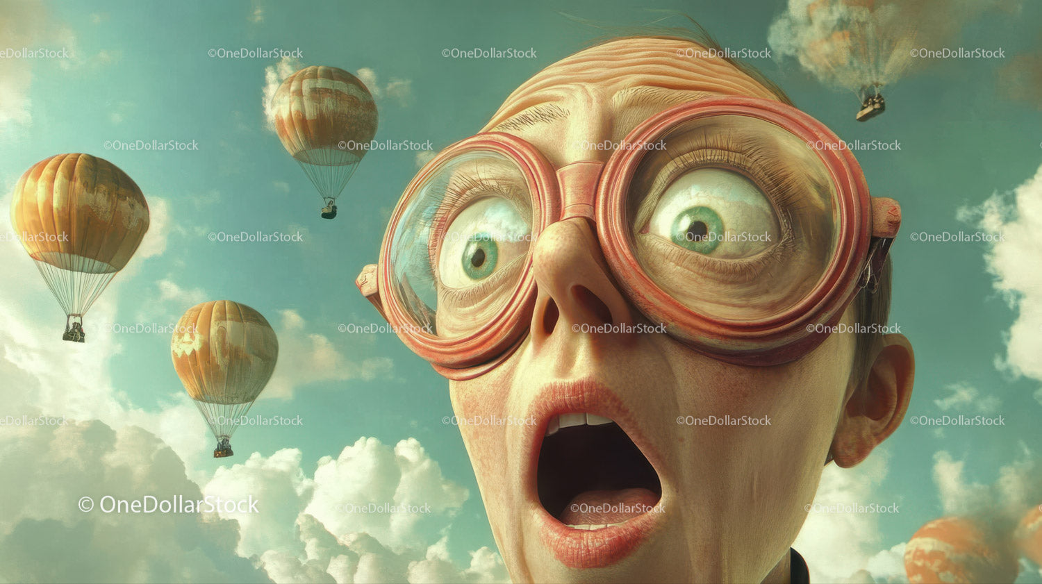 Surprised Woman with Pink Glasses and Hot Air Balloons in Dreamy Sky