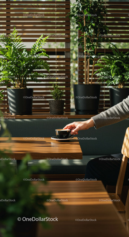 Hand Holding Coffee Cup in a Cozy Cafe Surrounded by Plants