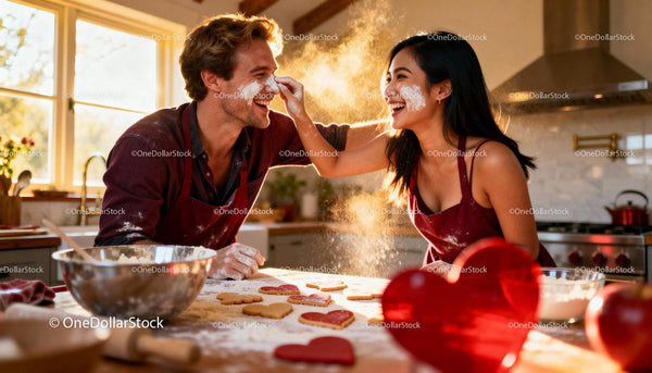 Couple Playfully Baking Heart Cookies Together at Home