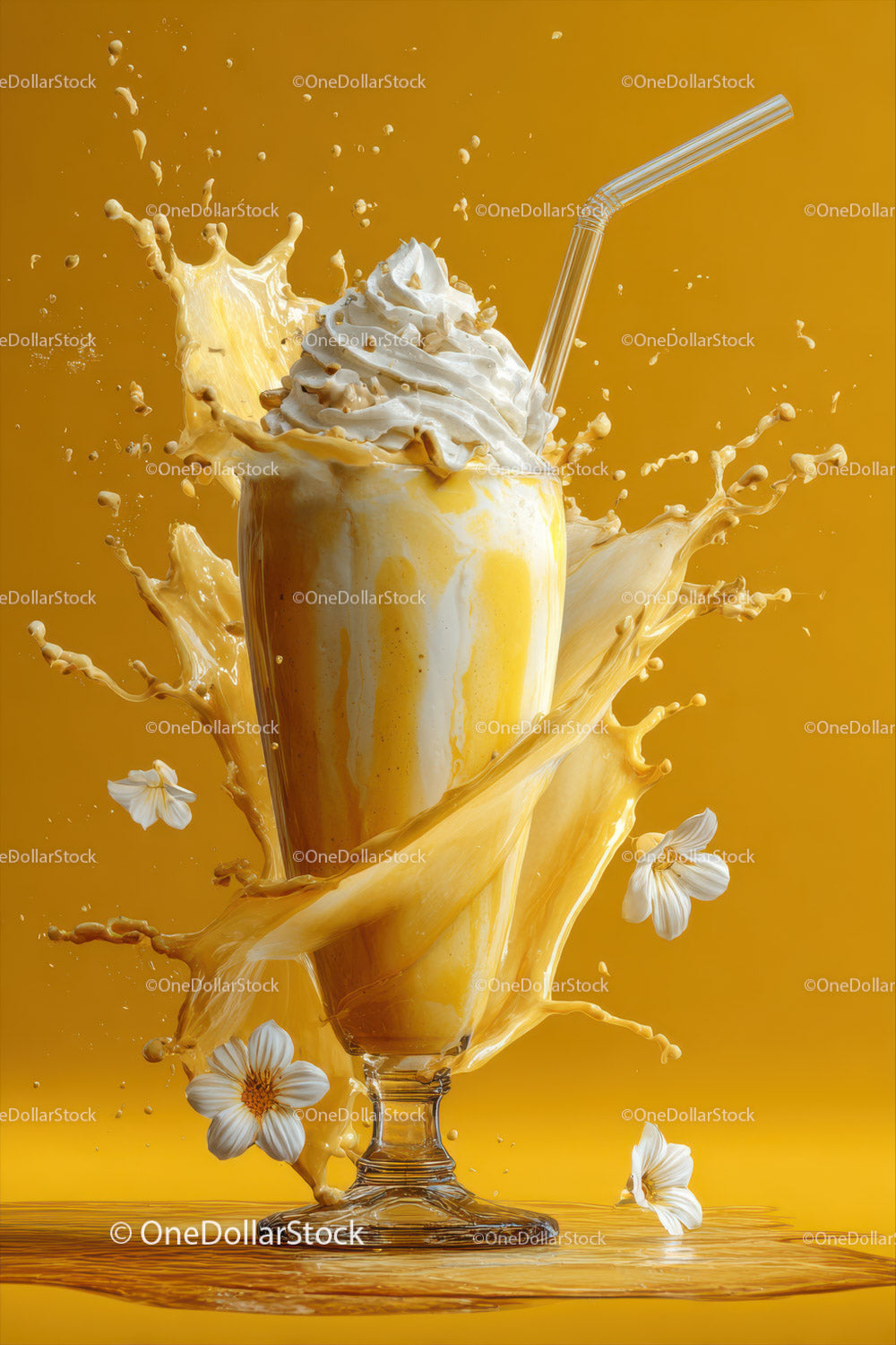 Vivid Milk Splash with Whipped Cream and Straw in Bright Orange Background