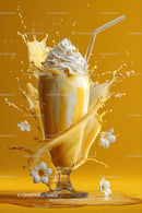 Vivid Milk Splash with Whipped Cream and Straw in Bright Orange Background