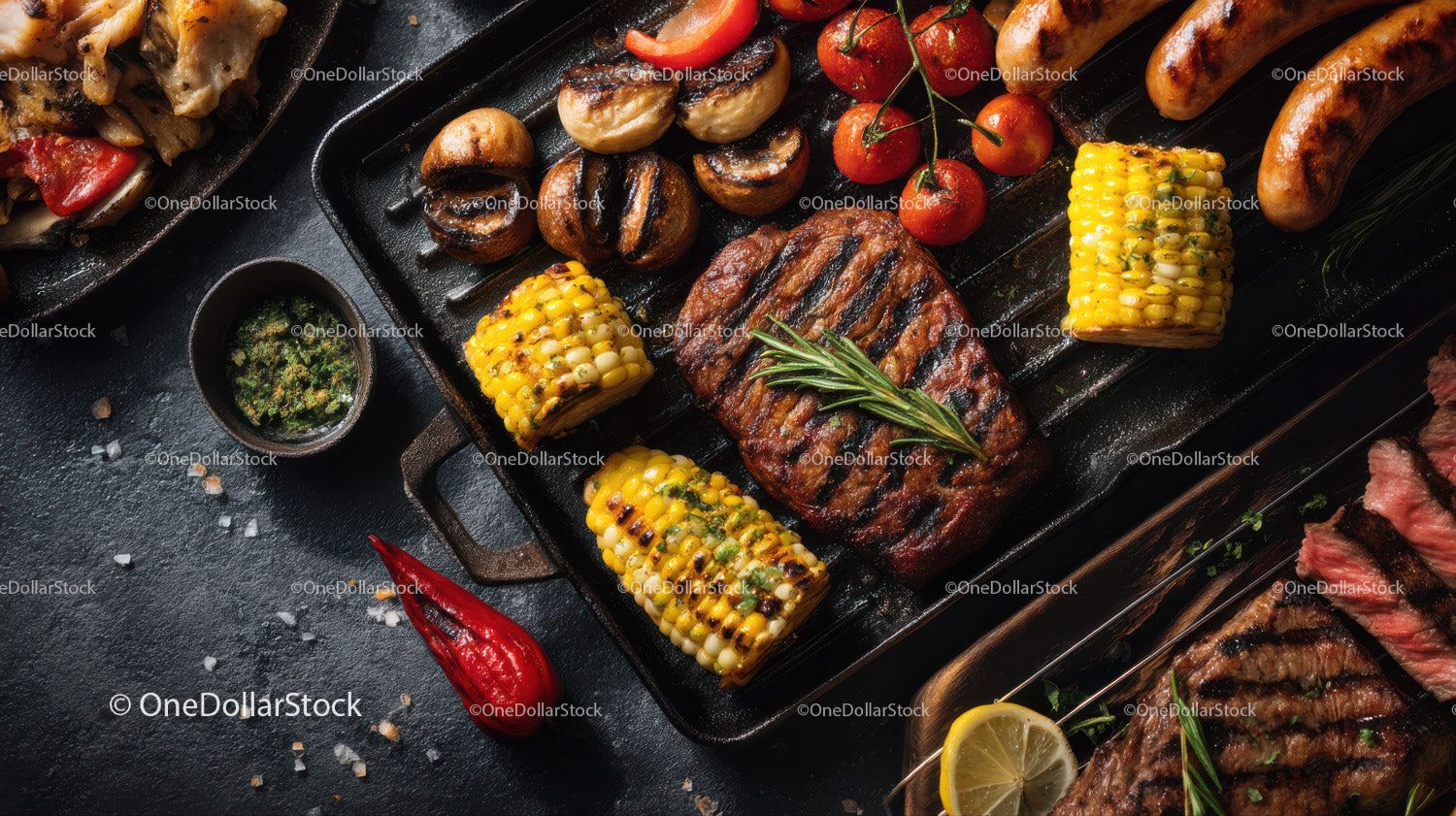 Grilled Steak with Mushrooms Corn and Sausages on Barbecue Plate