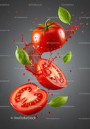 Fresh tomatoes with basil leaves and juice splash