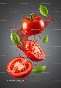 Fresh tomatoes with basil leaves and juice splash