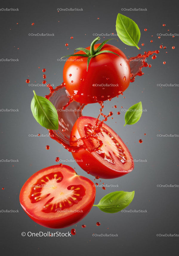 Fresh tomatoes with basil leaves and juice splash