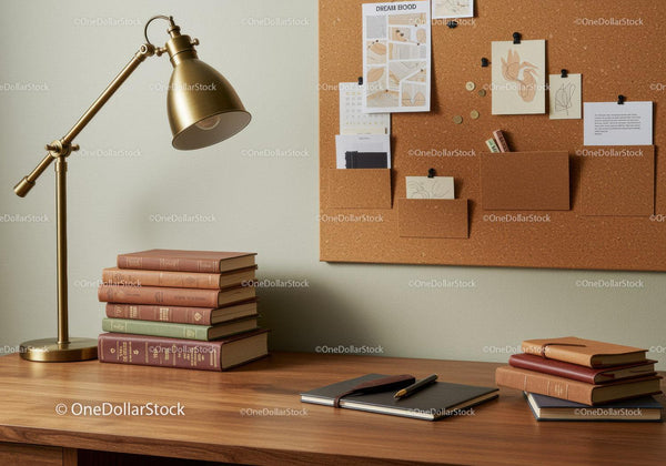 Organized workspace with vintage books and cork board notes
