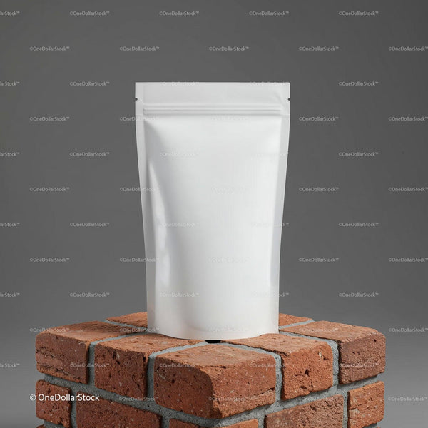 Minimalist white pouch on red brick pedestal JPG Mockup Image