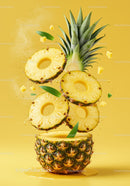 Fresh pineapple slices levitating with tropical leaves