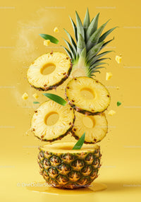 Fresh pineapple slices levitating with tropical leaves