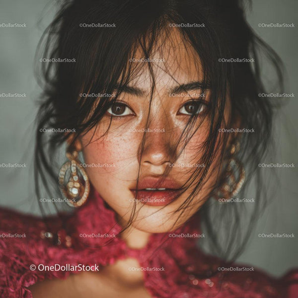 Close-Up Portrait of a Woman with Black Hair and Freckles in Red Dress