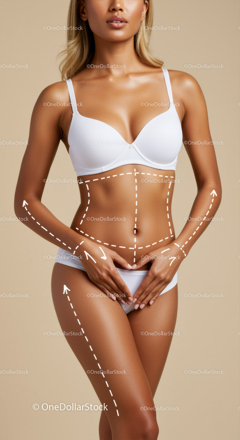Woman in White Underwear with Body Outlines in Studio Photography