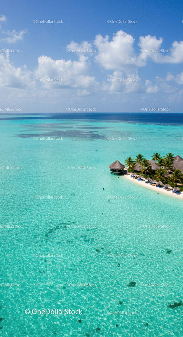 Idyllic Tropical Beach with Overwater Bungalows and Calming Blue Ocean