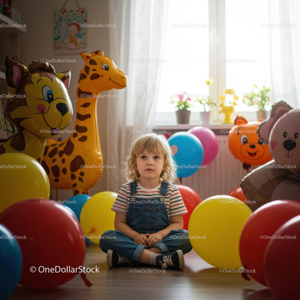 Zamyślone dziecko siedzące wśród kolorowych balonów