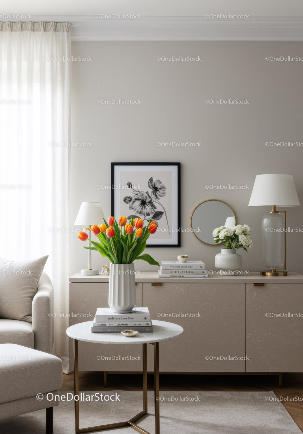 Elegant Modern Living Room with Beige Sofa and Tulip Flower Arrangement
