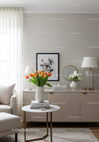Elegant Modern Living Room with Beige Sofa and Tulip Flower Arrangement