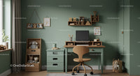 Stylish Child's Room with Wooden Desk and Cozy Green Decor