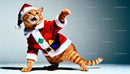 Playful ginger cat dressed as Santa Claus reaching out