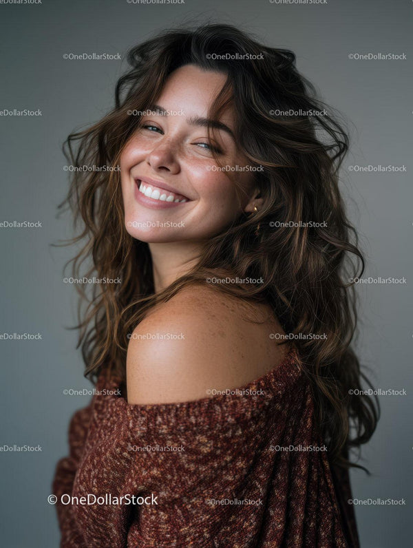 Joyful Woman with Curly Hair Smiling in Casual Sweater