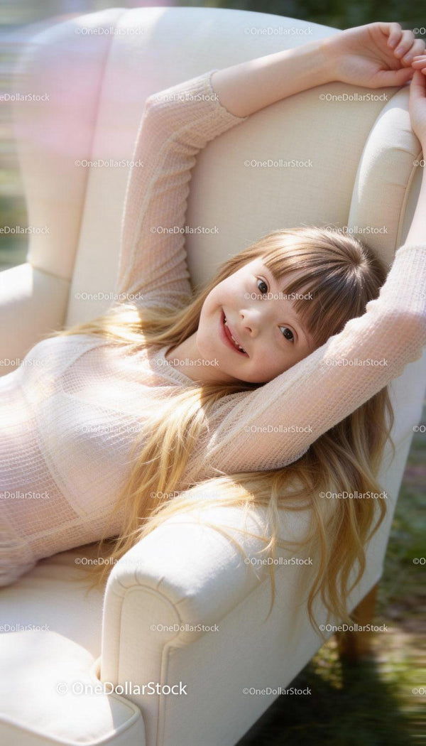 Young girl relaxing on cozy armchair in soft sunlight