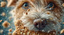 Close-Up of Cute Puppy with Blue Eyes Surrounded by Cookie Crumbs