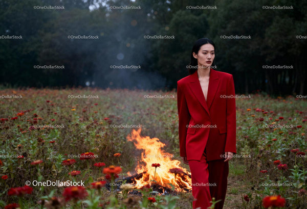 Woman in Red Suit Walking Near Fire in Flower Field