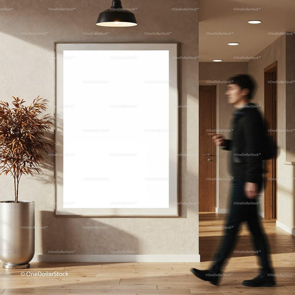 Modern office hallway with blank wall poster and plant JPG Mockup Image