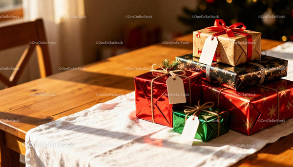 Festive Wrapped Holiday Gifts on Rustic Wooden Table