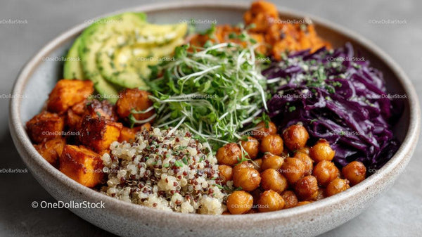 Vibrant Vegan Bowl with Quinoa Chickpeas and Fresh Vegetables