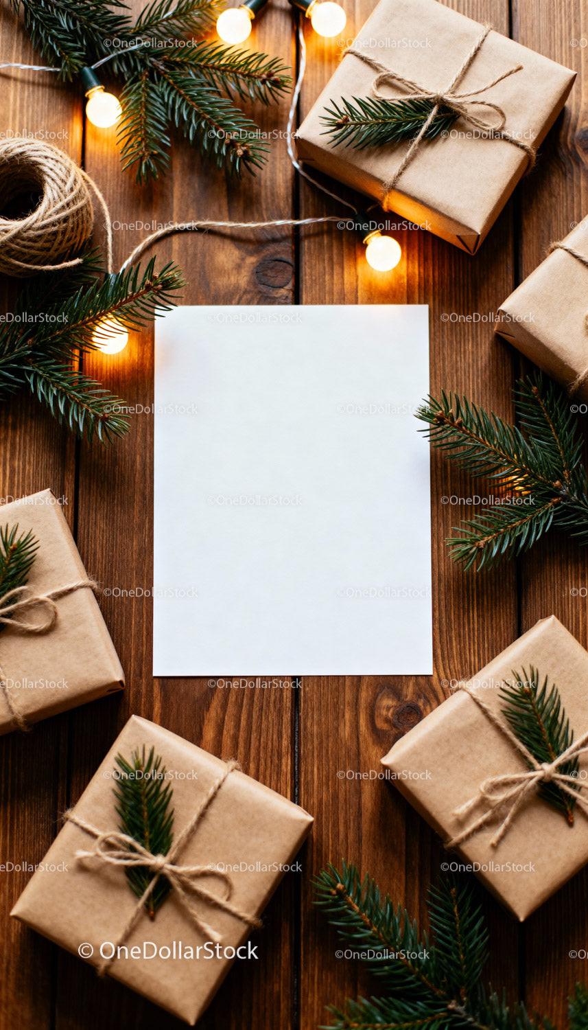 Rustic Christmas gifts arrangement with blank card and pine JPG Mockup Image preview
