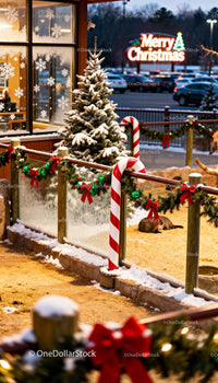 Snowy Christmas decorations with festive lights and trees