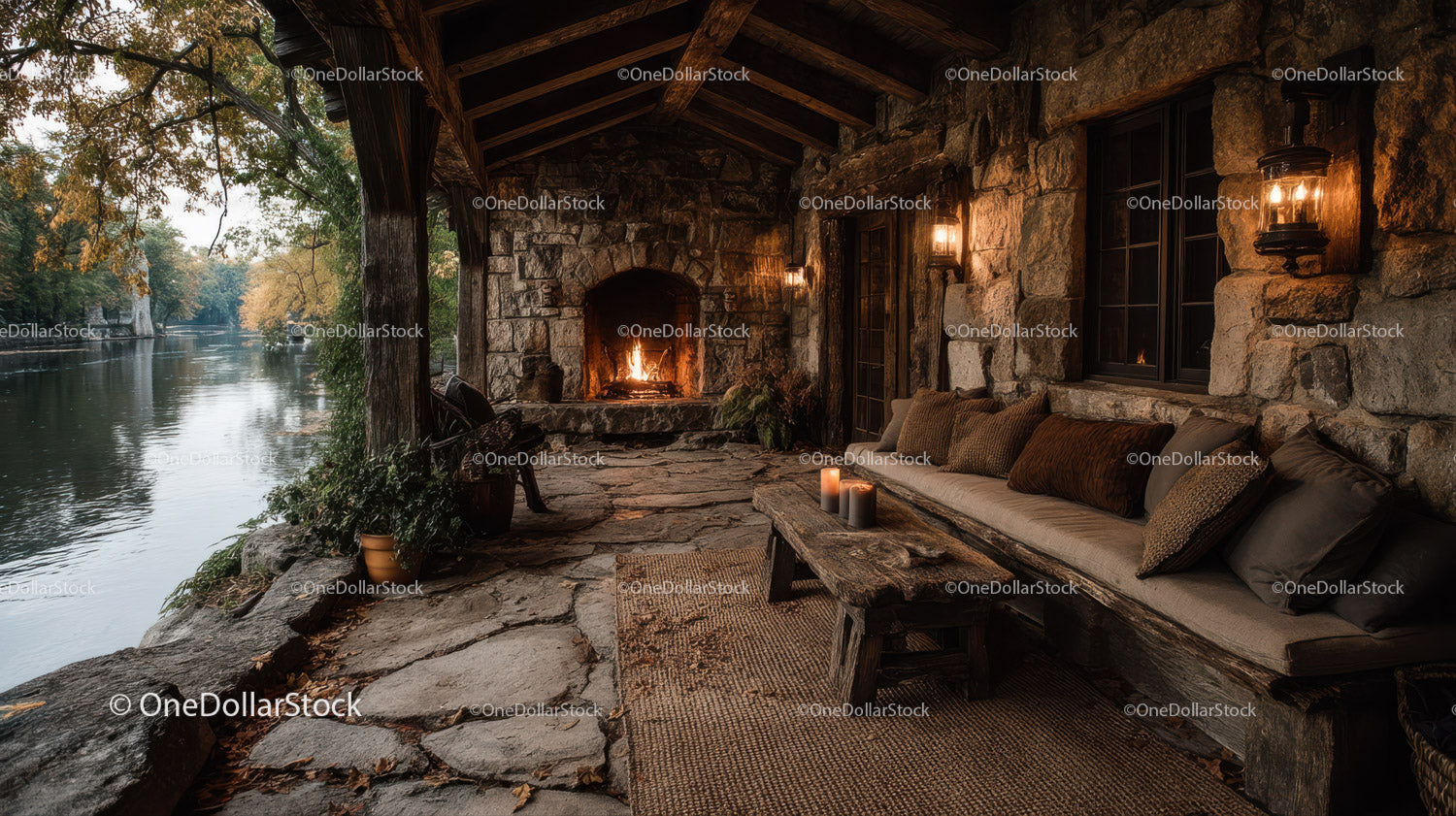 Rustic Riverside Cabin with Stone Fireplace Surrounded by Autumn Foliage